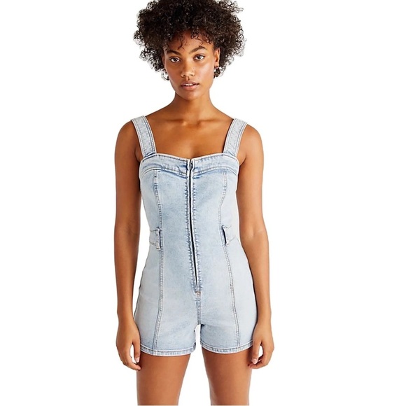 Free People CRVY Lady of the Hour Denim Fitted Romper Size 35 (2X) - Picture 1 of 7